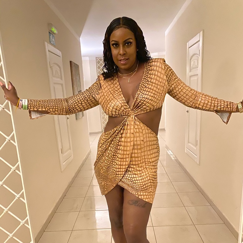 Alligator print pleather mini wrap dress